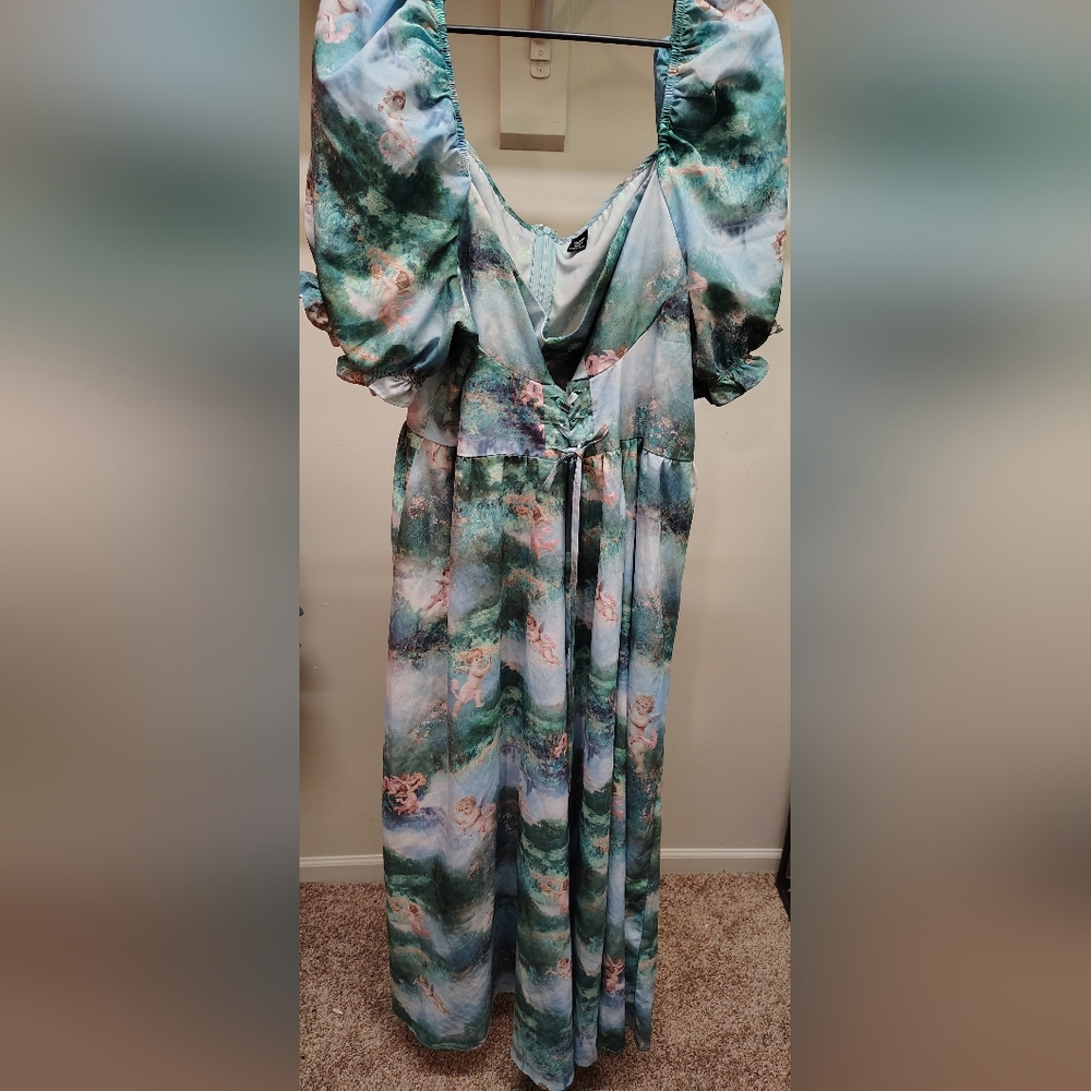 Women Angel Print Dress - Blue and Green